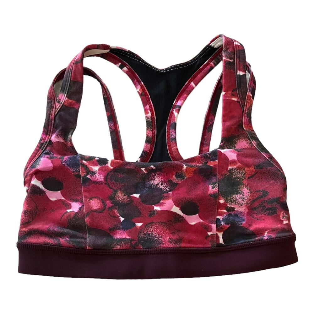 Lululemon Splendour Bra Poppy Petals Berry Rumble Multi Black Sports Yoga 4 EUC